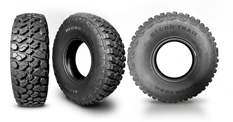 RECON TRAIL HD ATV & UTV Tire RECON TRAIL HD off-road ATV and UTV tires shown from tread, angled, and side views.